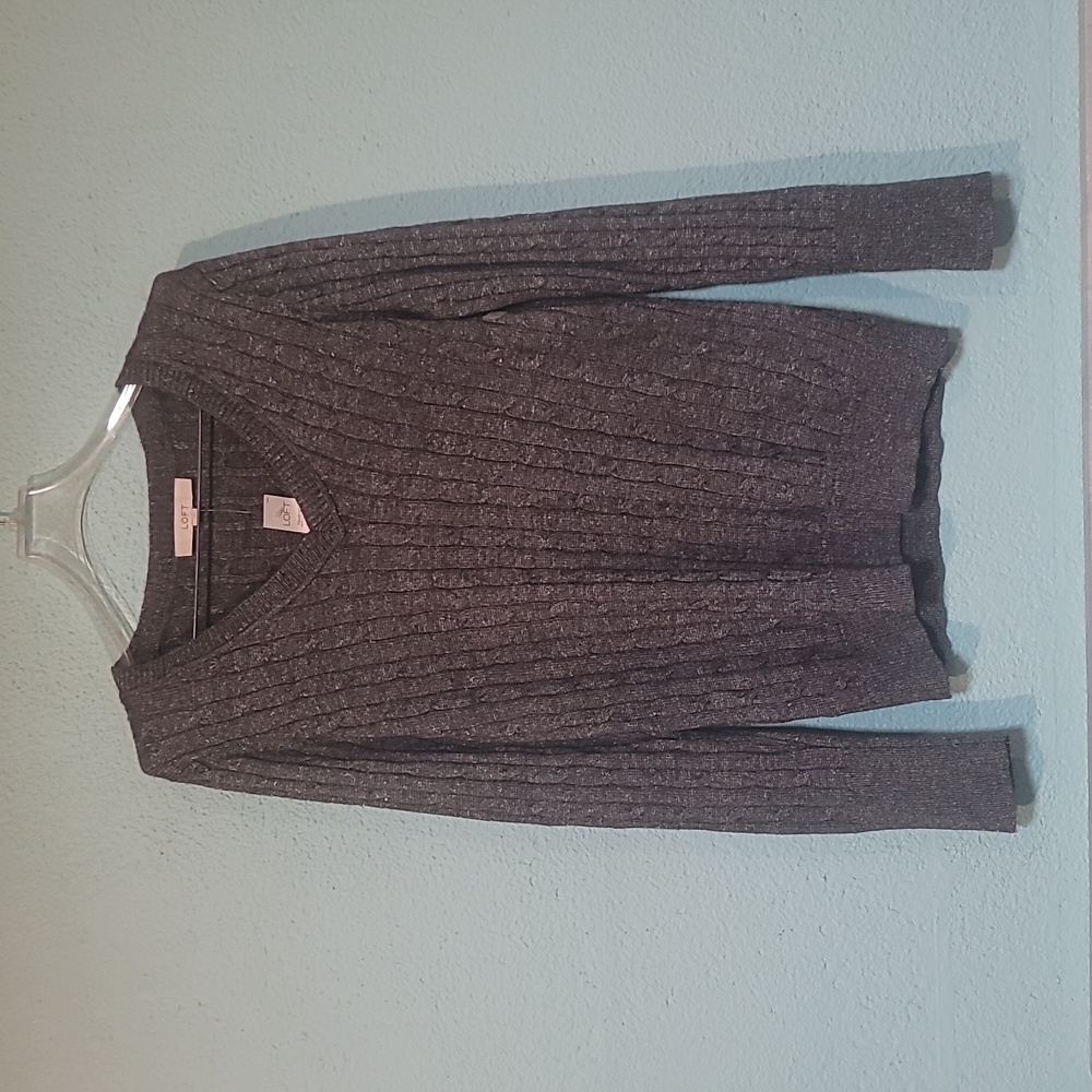 Ann Taylor LOFT V neck sweater grey and silver sparkles L